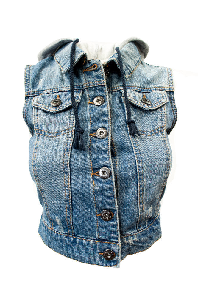 V4205 Plus Size Hooded Denim Vest - FashionPosh