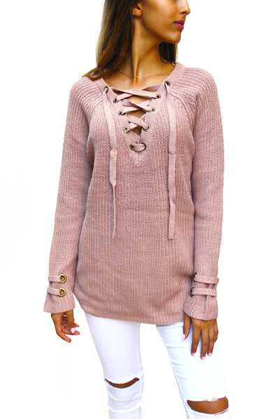 SW26254 Lace Up Long Sleeve Sweater ( More Color Options) - FashionPosh