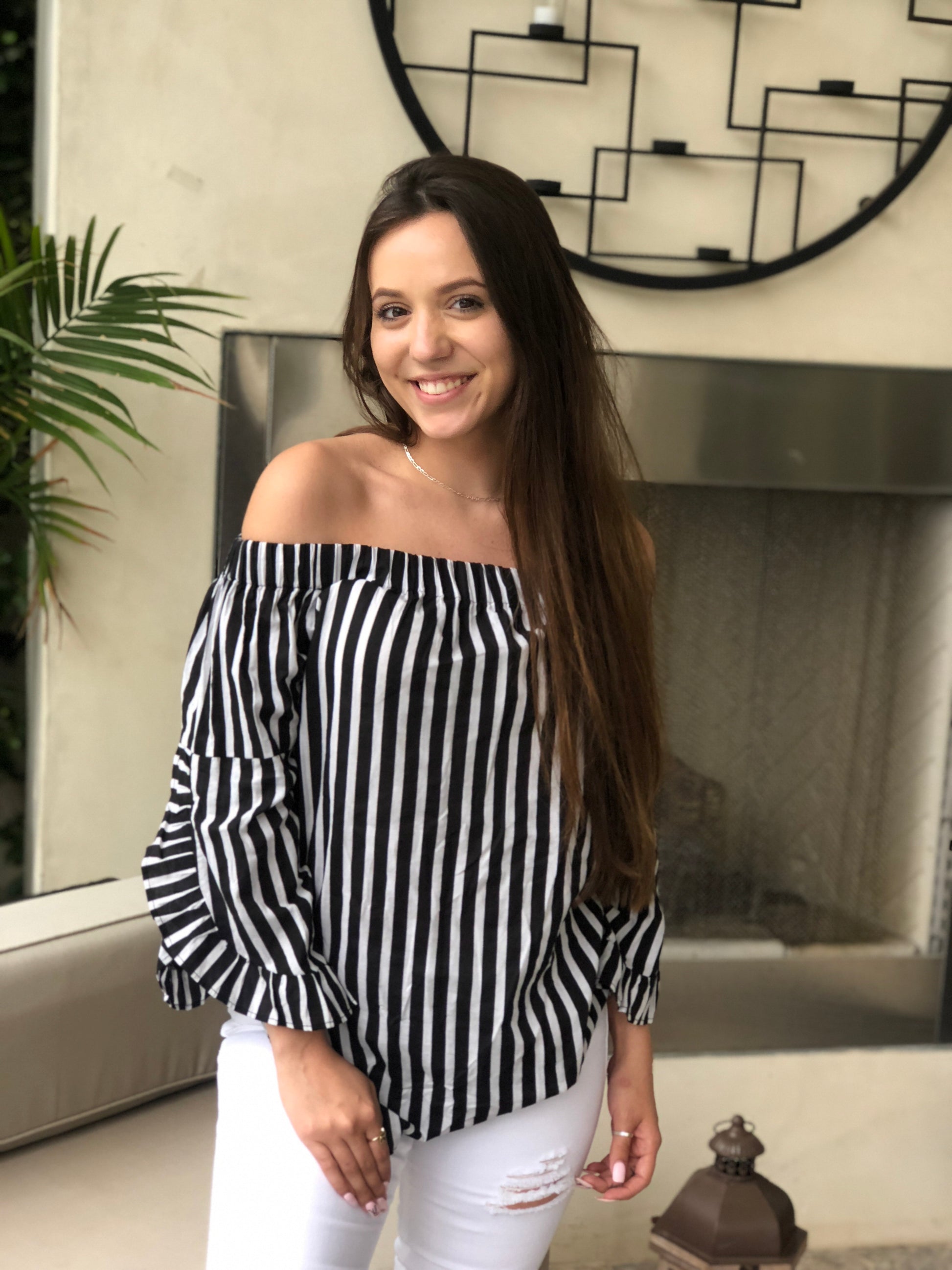 Off Shoulder Striped Ruffle Top - FashionPosh