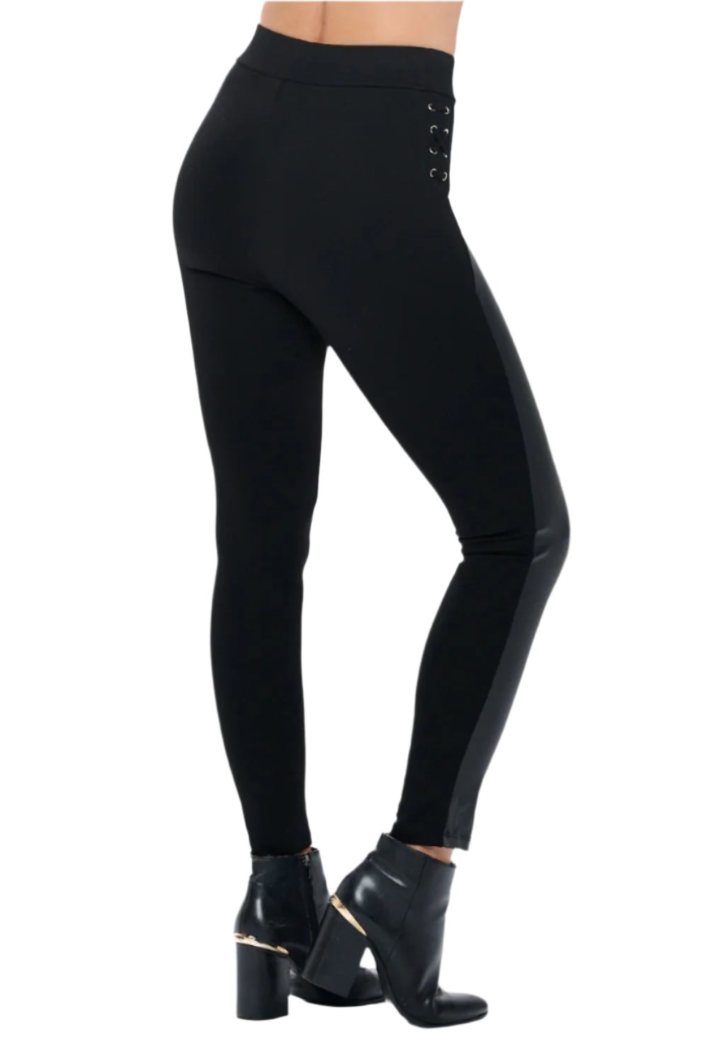 PP162 High Waist Leggings W/ Leather Detail - FashionPosh