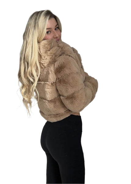 Furry warm hooded faux fur bomber jacket