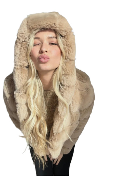 Furry warm hooded faux fur bomber jacket