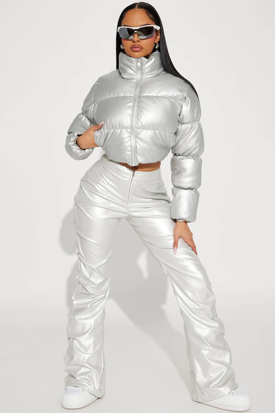 Metallic PU Leather Puffer Jacket
