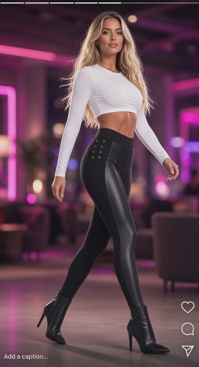 PP162 High Waist Leggings W/ Leather Detail