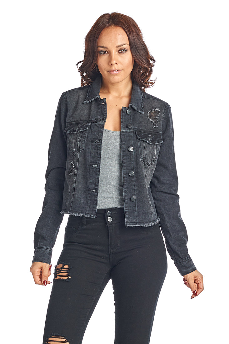 DJK37A Frayed Hem Denim Jacket - FashionPosh