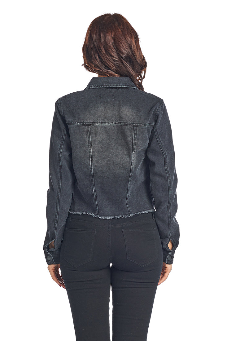 DJK37A Frayed Hem Denim Jacket - FashionPosh