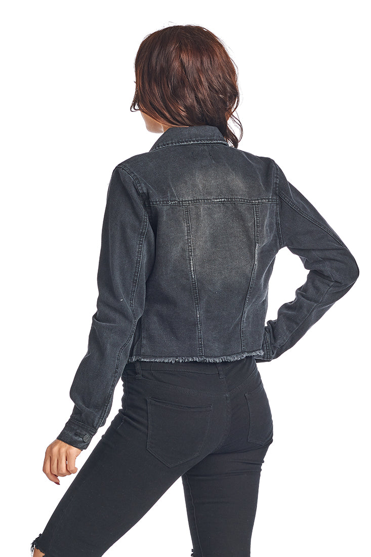 DJK37A Frayed Hem Denim Jacket - FashionPosh