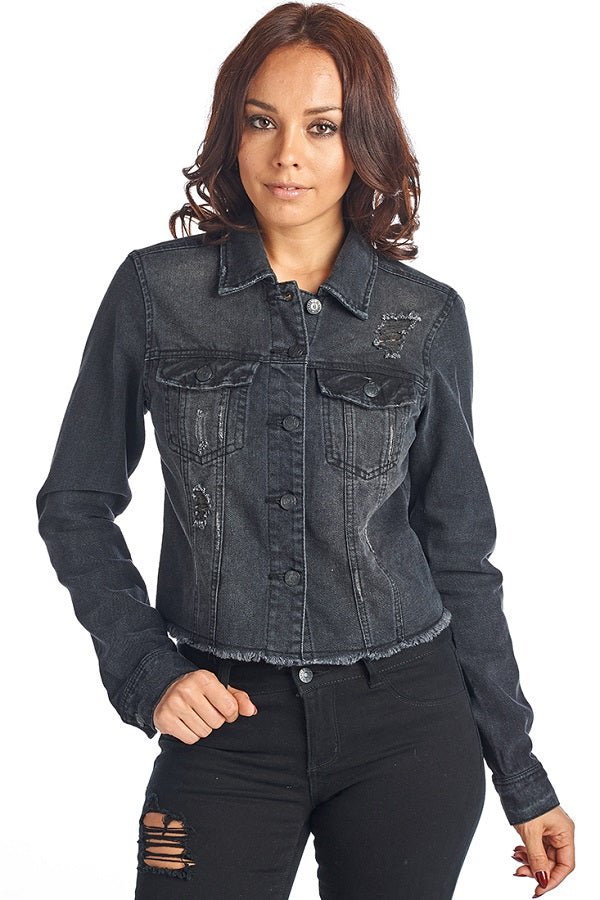 DJK37A Frayed Hem Denim Jacket - FashionPosh