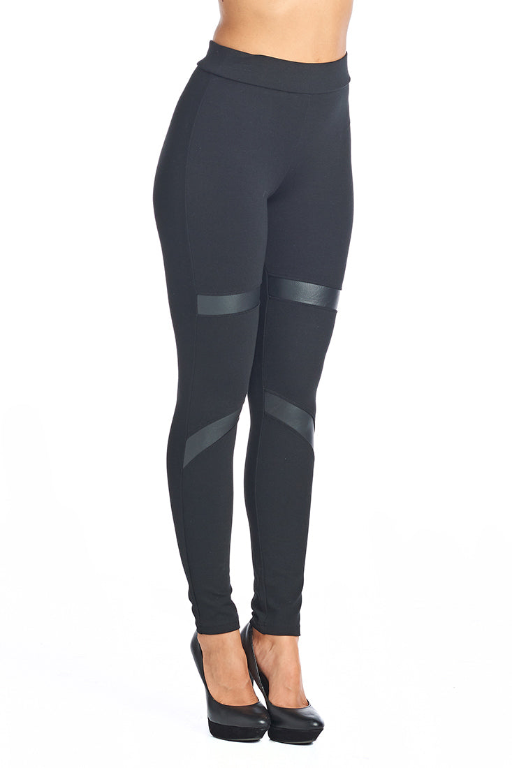 PP159 Ci Sono Ponte Leggings W/Leather Stripes - FashionPosh