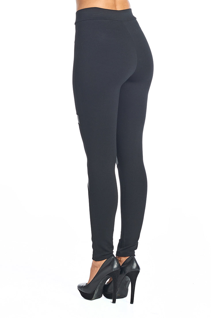 PP159 Ci Sono Ponte Leggings W/Leather Stripes - FashionPosh