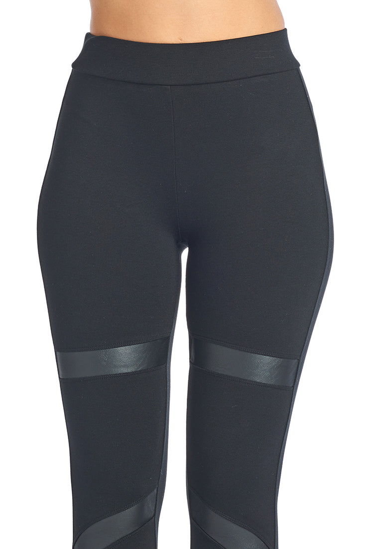 PP159 Ci Sono Ponte Leggings W/Leather Stripes - FashionPosh