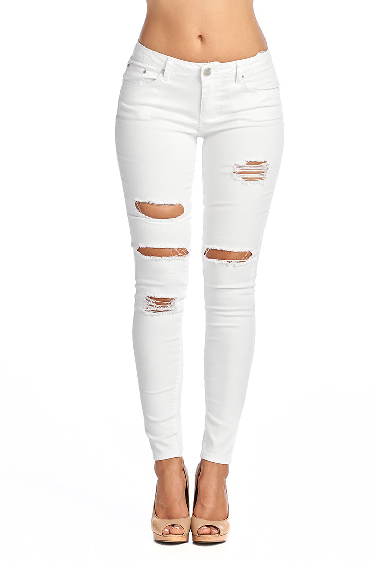 DP9845 Distressed White Jeans - FashionPosh