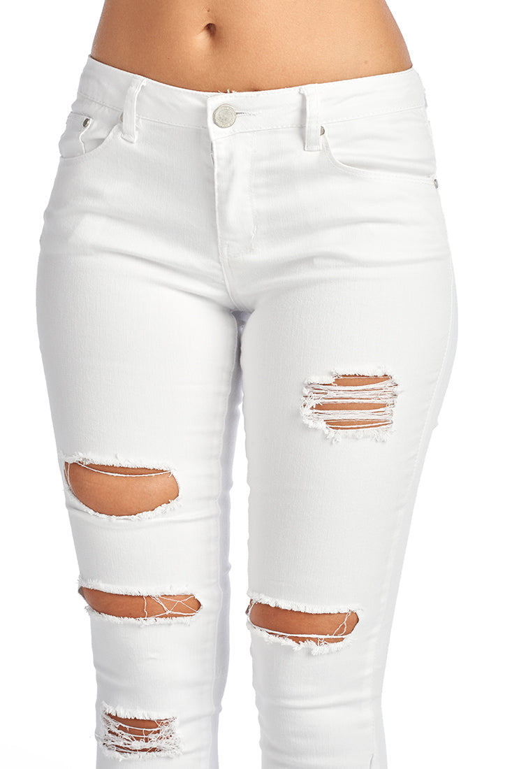 DP9845 Distressed White Jeans - FashionPosh