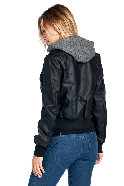 Pu Leather Jacket W/ Knit Hoodie - FashionPosh