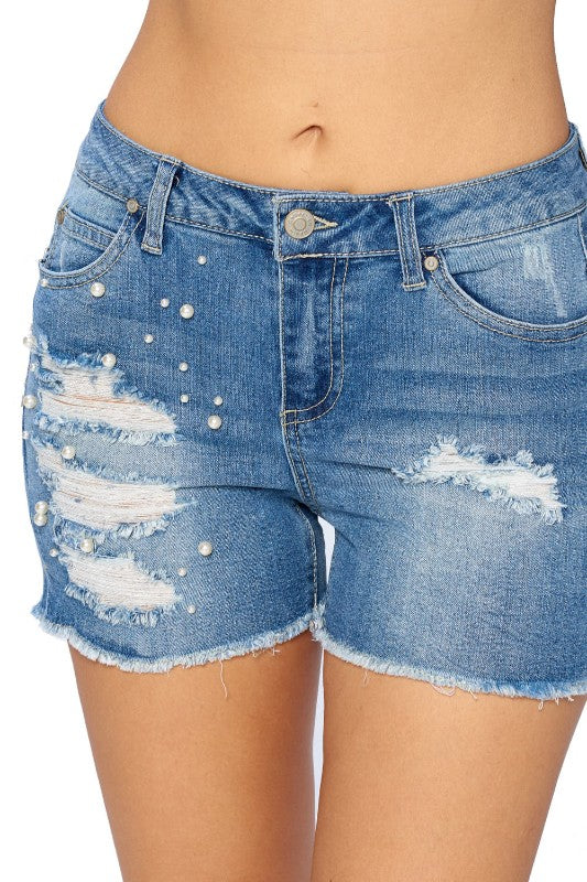 Pearl Ripped Denim Shorts - FashionPosh