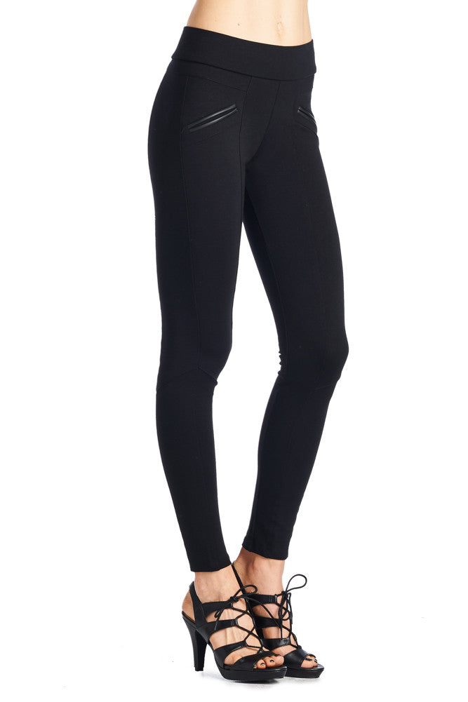 P9179 CiSono Ponte Leggings W/ Slit PU Accents (More color options) - FashionPosh