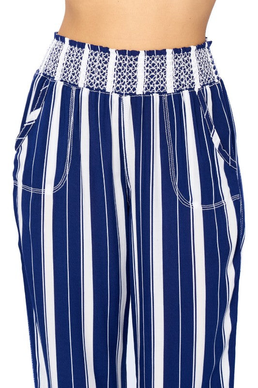 Navy Rayon Striped Pants - FashionPosh