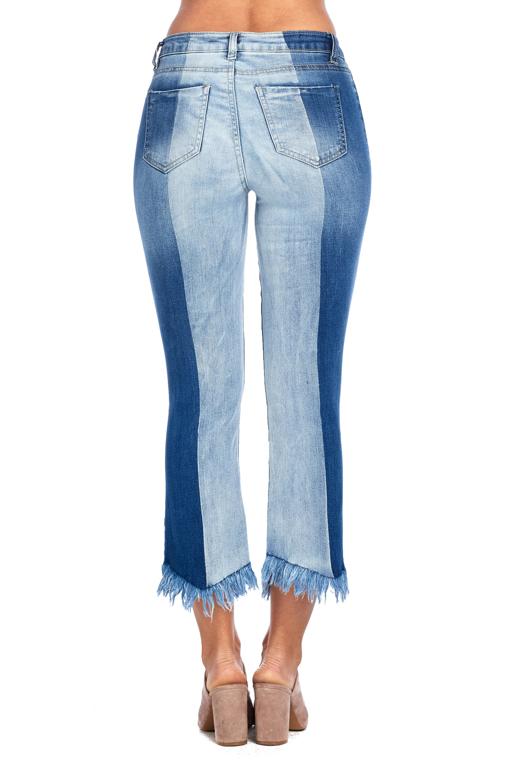 DP9947 Two Tone Wash Fringed Denim Jeans - FashionPosh