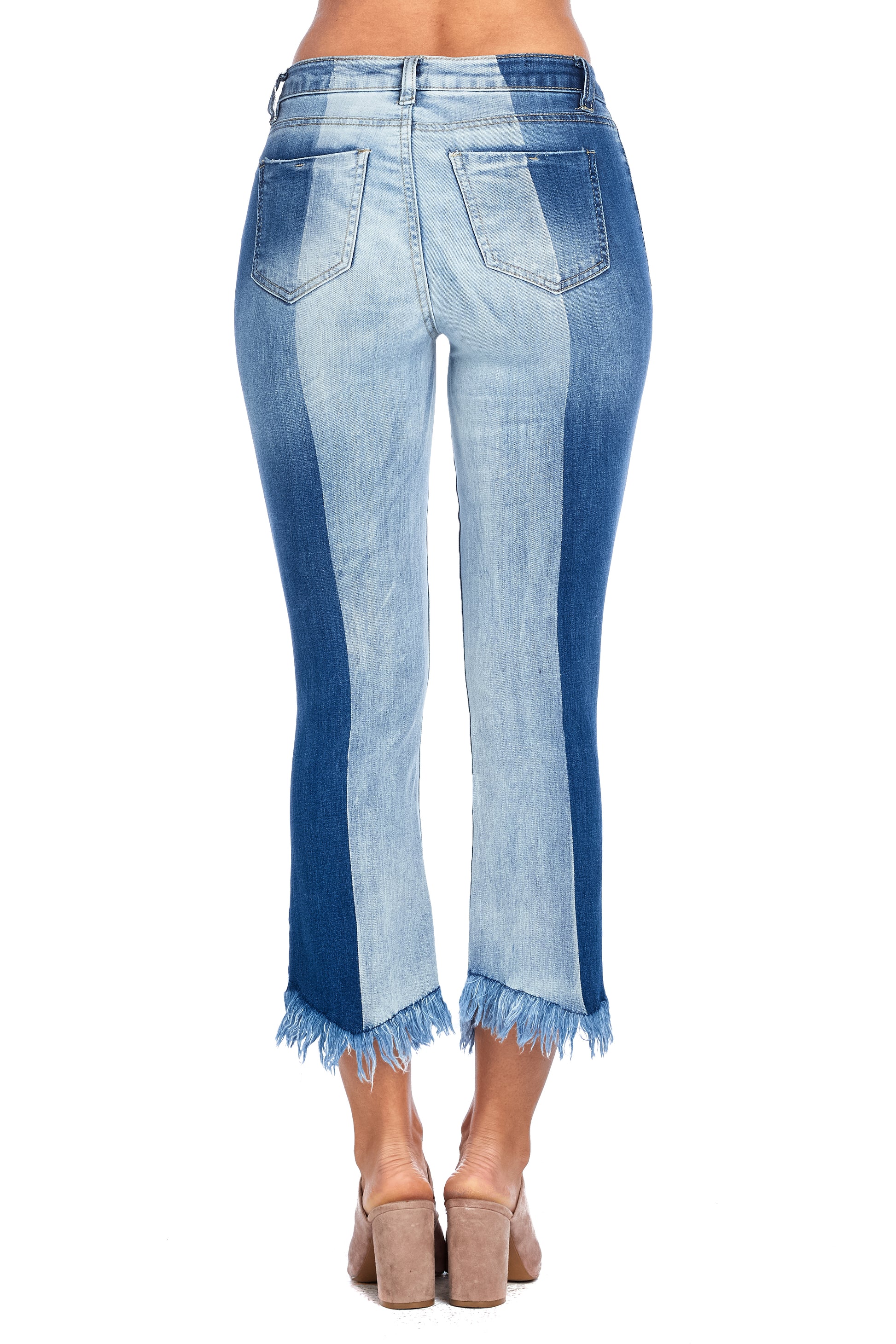 DP9947 Two Tone Wash Fringed Denim Jeans - FashionPosh