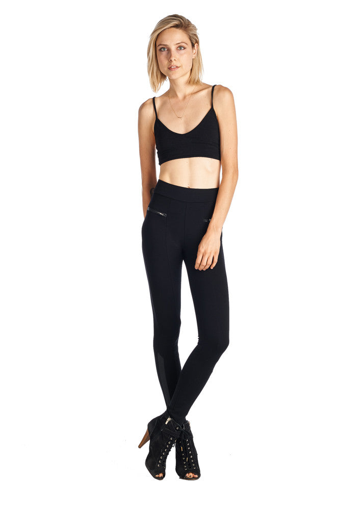 PP23 Zipper accent Leggings W/Pu Leather Ankle - FashionPosh