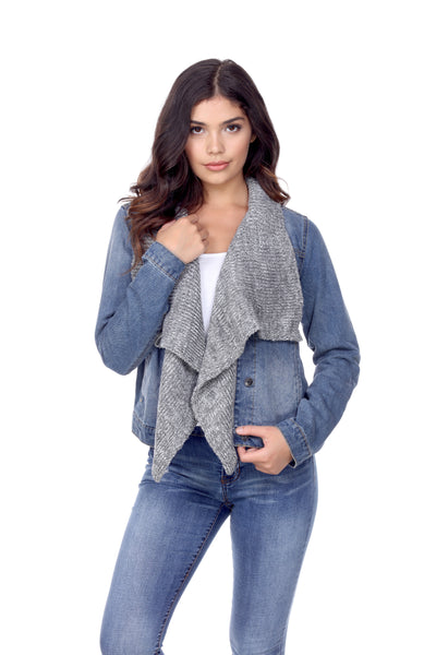 DJK88 Sweater Draped Front Denim Jacket - FashionPosh
