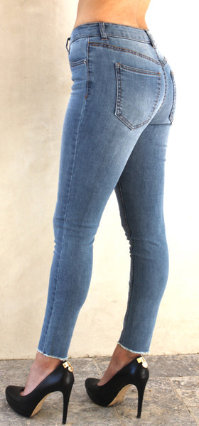 DP1012 Light Denim Jeans W/ Fringe Bottoms - FashionPosh