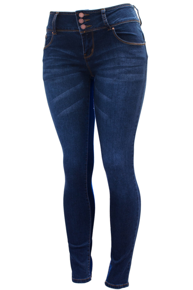 P9746 Exposed Buttons High waist Skinny Leg Jeans | FashionPosh