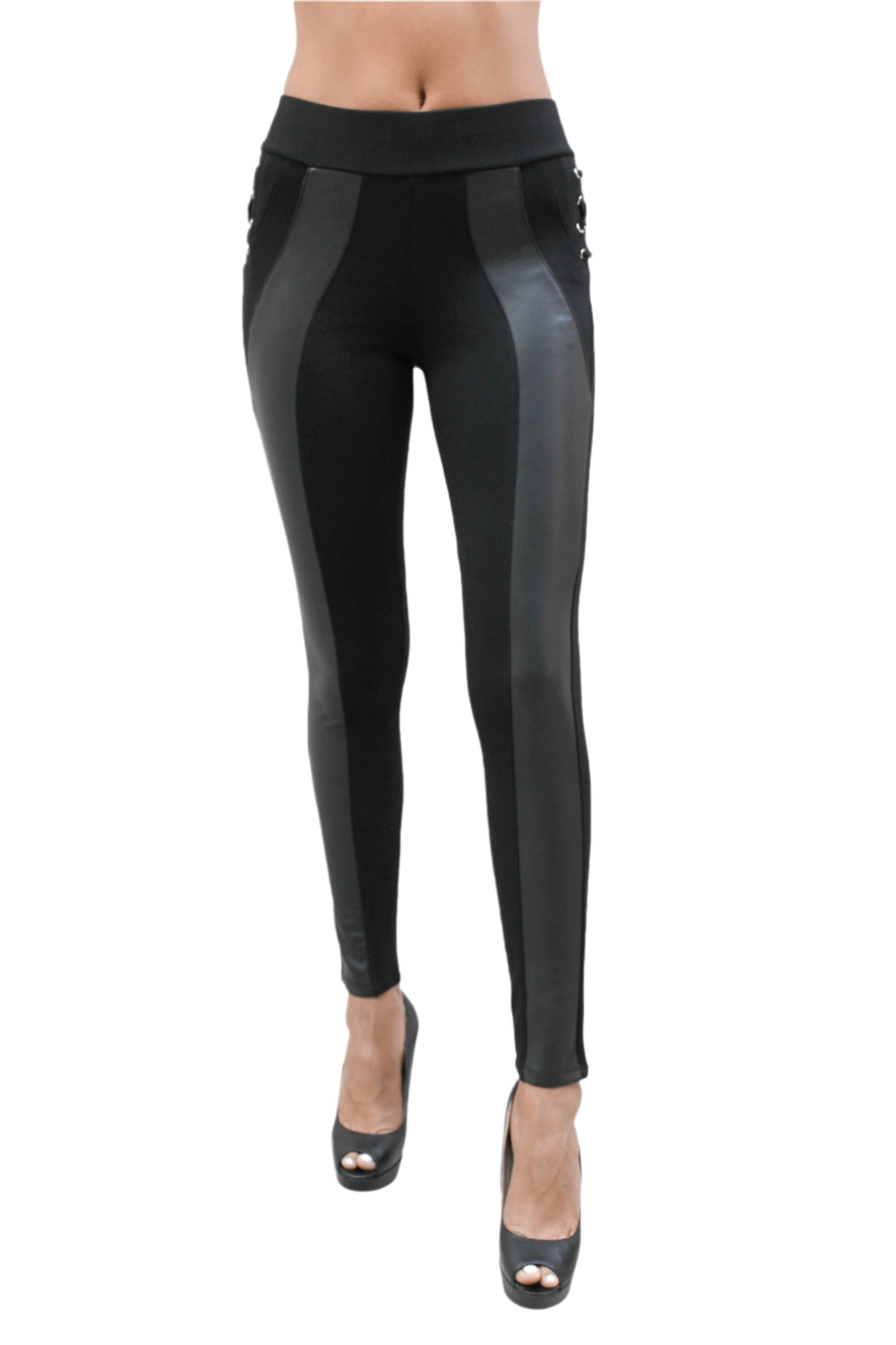 PP162 High Waist Leggings W/ Leather Detail - FashionPosh