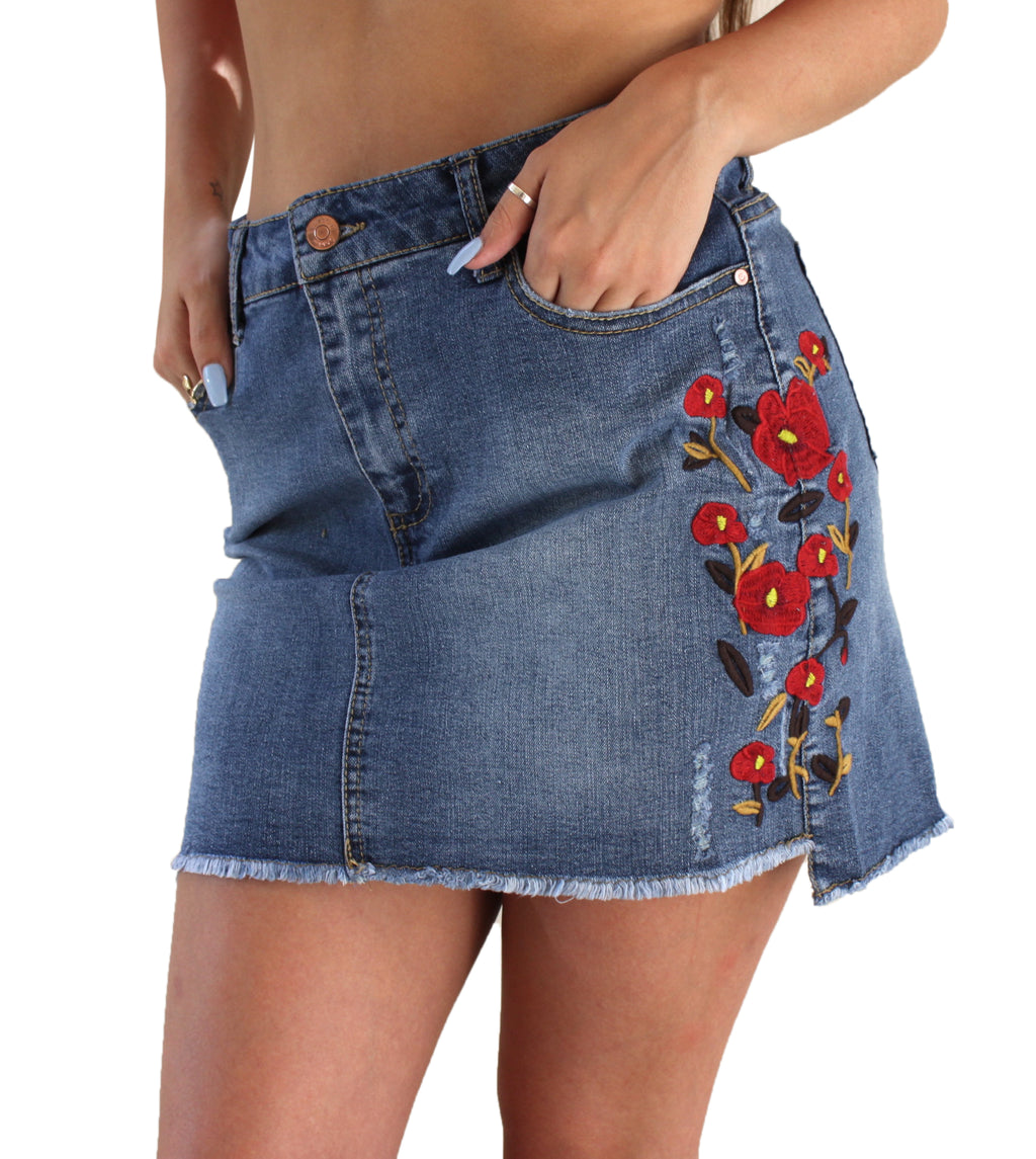Embroidered short Denim Skirt - FashionPosh