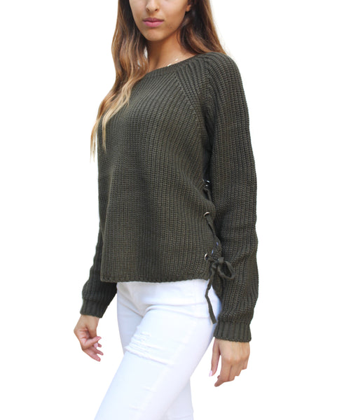 SW26231 Side Lace up Sweater (More Color Options) - FashionPosh
