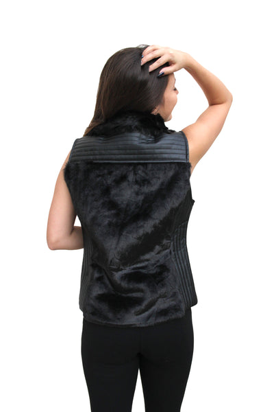 Faux Fur Vest W/Pu Leather Detailing - FashionPosh