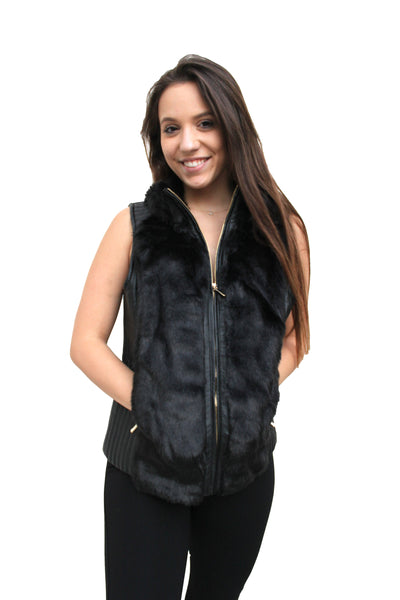 Faux Fur Vest W/Pu Leather Detailing - FashionPosh