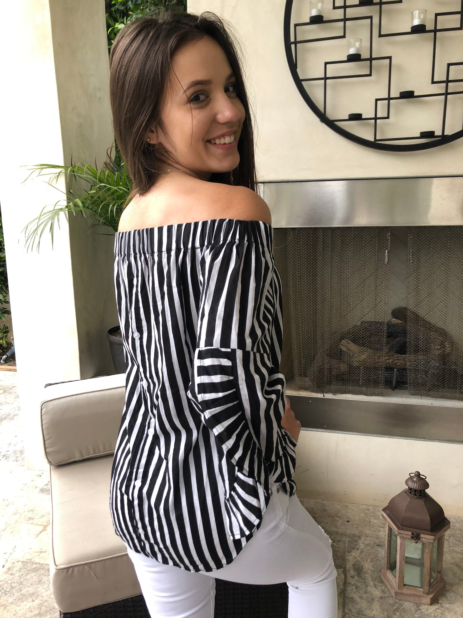 Off Shoulder Striped Ruffle Top - FashionPosh