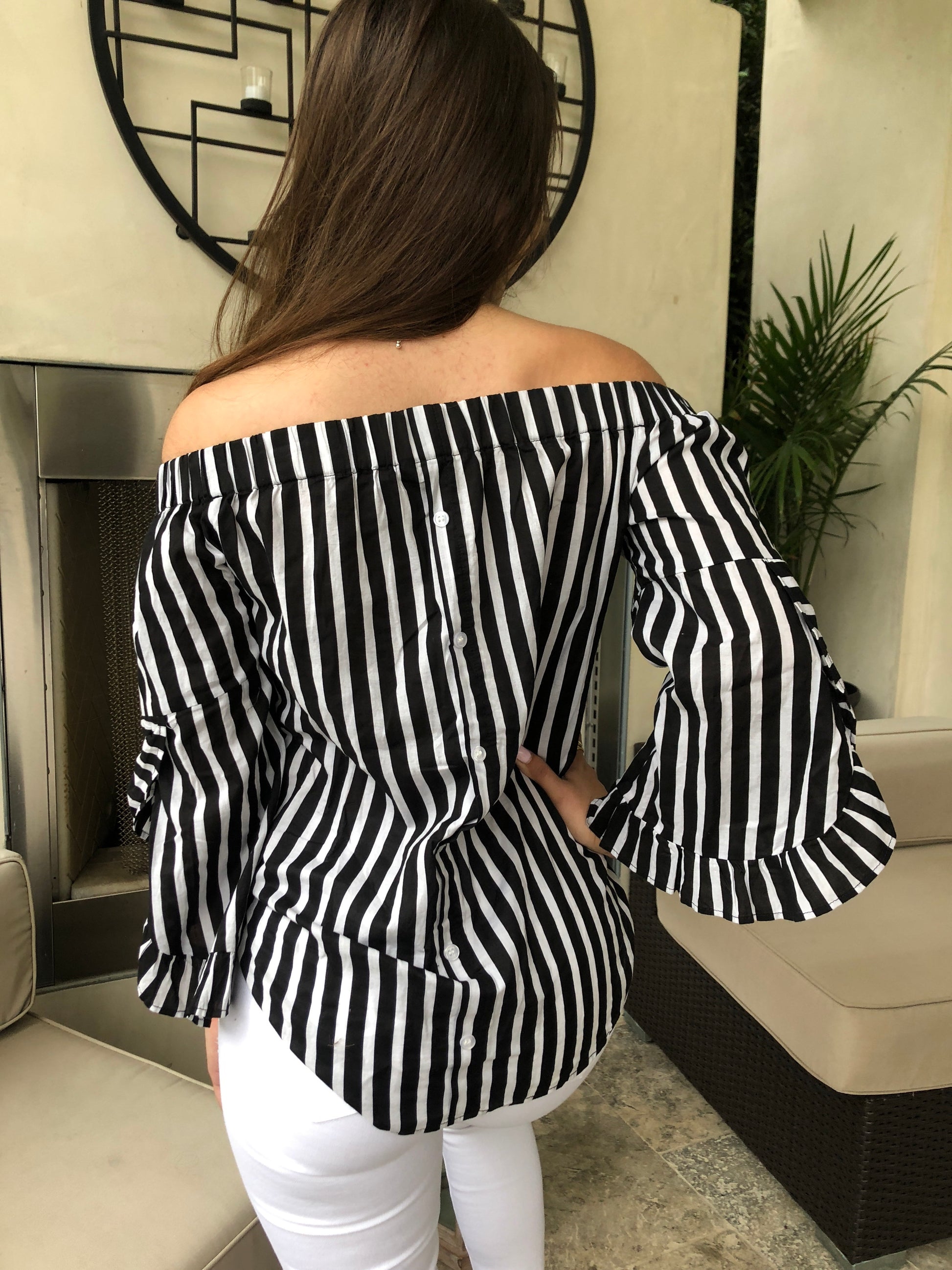 Off Shoulder Striped Ruffle Top - FashionPosh
