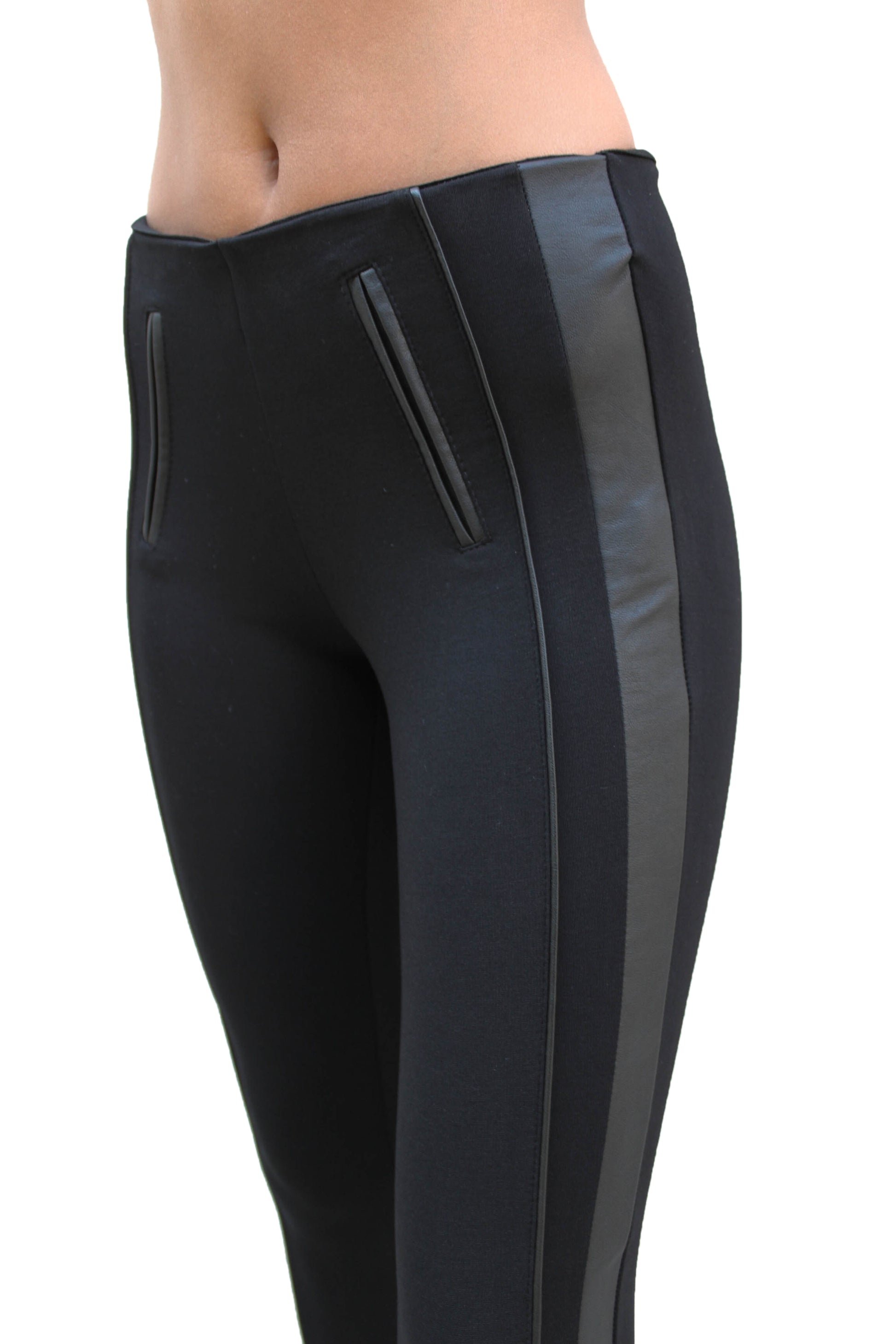 PP164 Ponte Leggings W/Slit Leather Pockets - FashionPosh