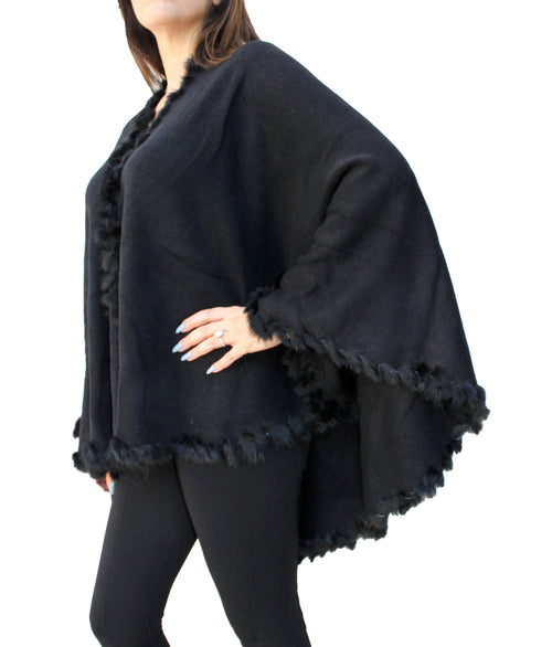 Black Shawl W/ Rabbit Fur Details - FashionPosh