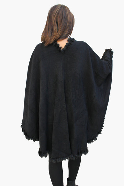 Black Shawl W/ Rabbit Fur Details - FashionPosh