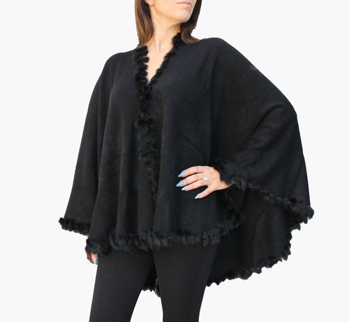 Black Shawl W/ Rabbit Fur Details - FashionPosh