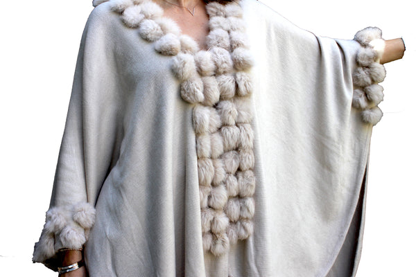 Ivory Shawl W/ Rabbit Fur Ball Details - FashionPosh