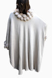 Ivory Shawl W/ Rabbit Fur Ball Details - FashionPosh